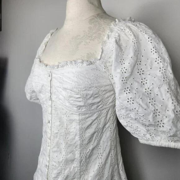 Gap White Peasant Eyelet Puff Sleeve Cotton Dress Size Small - Picture 3 of 15